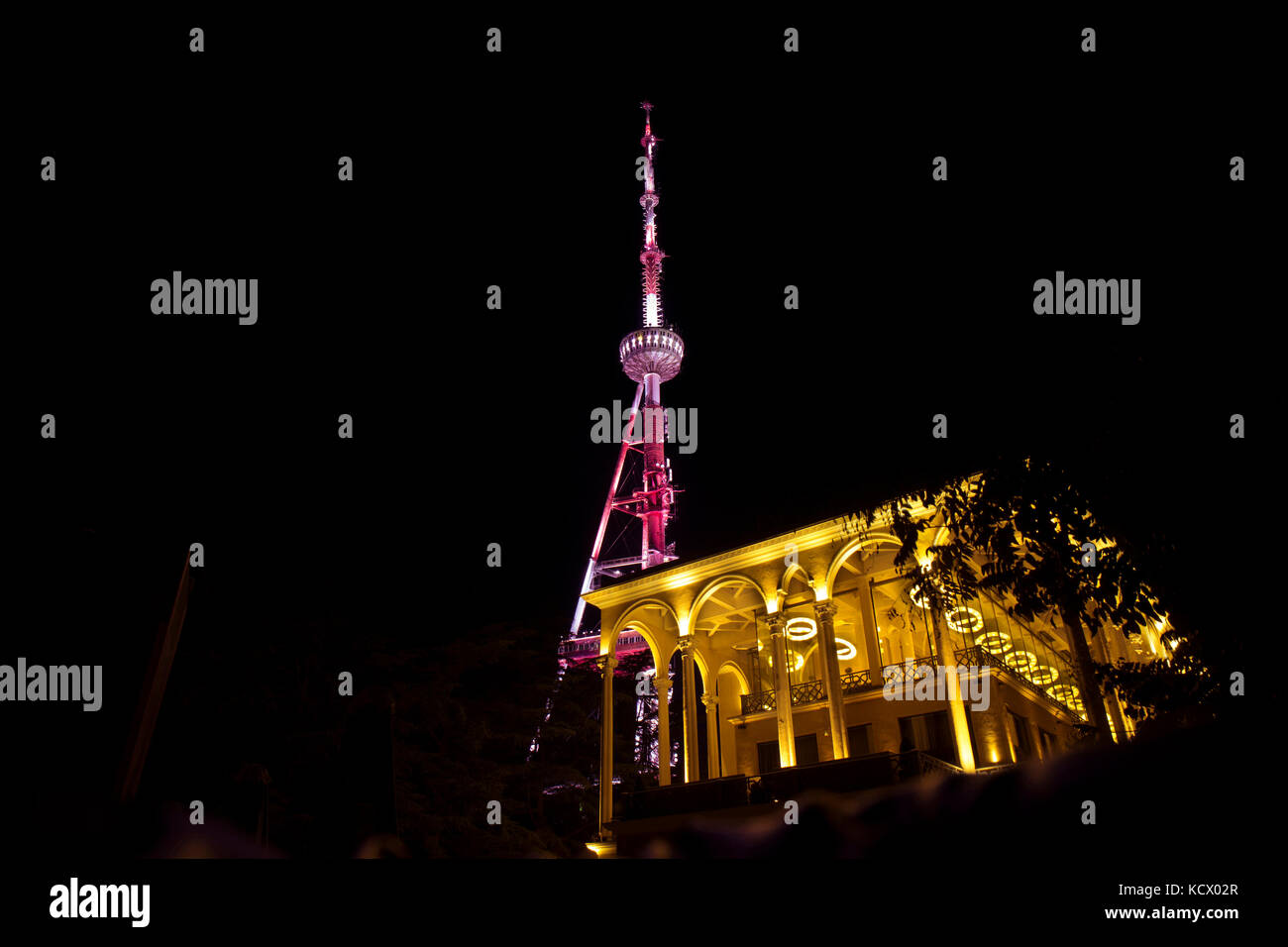 Tbilisi TV Broadcasting Tower at Night Stock Photo