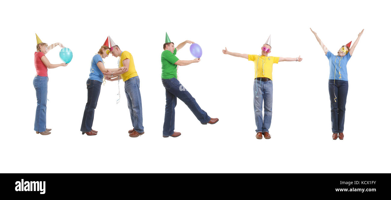 Group of young people wearing party cone hats and masks forming Party word - isolated on white Stock Photo