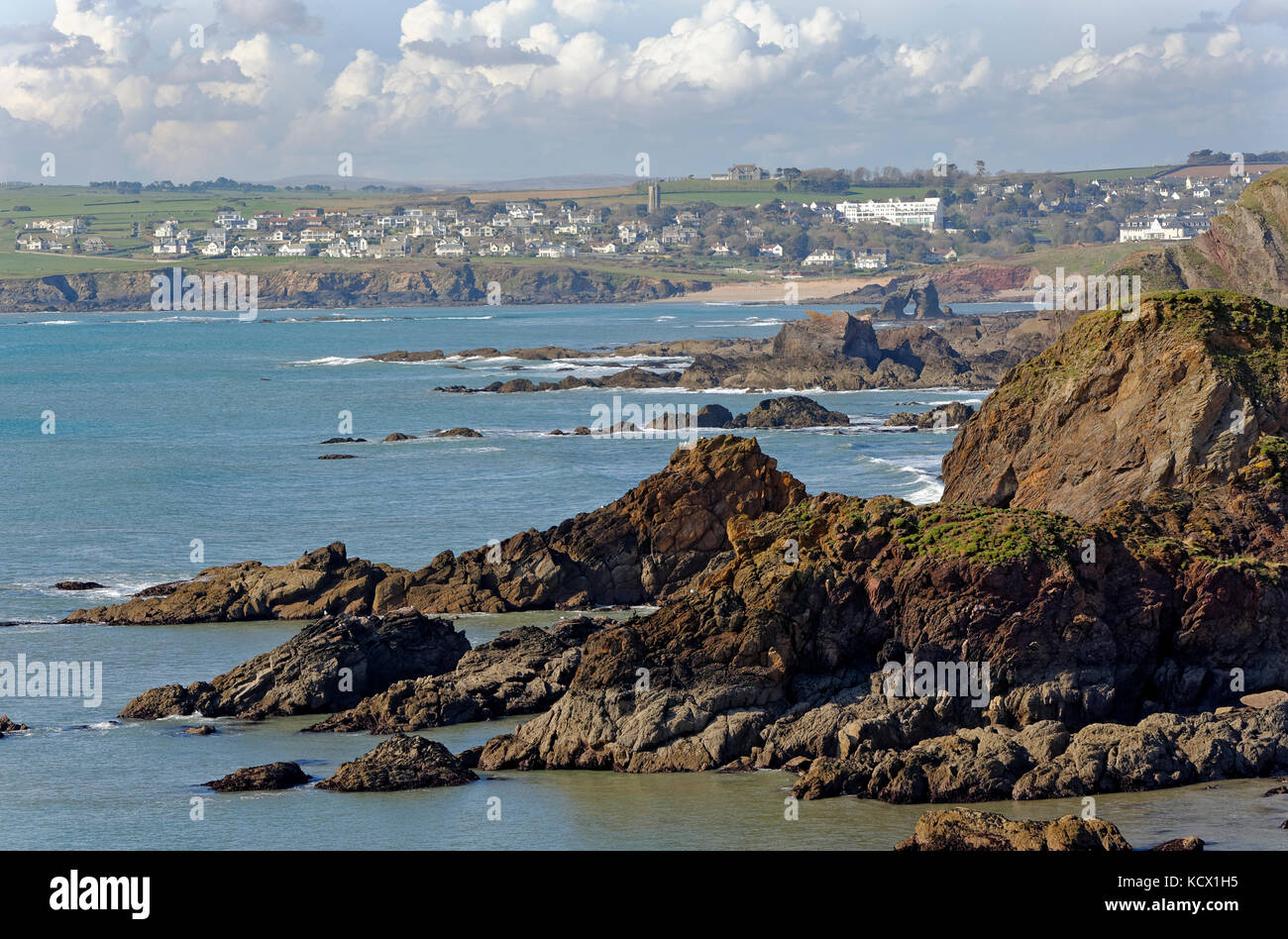 South Milton Sands and Thurlestone rock viewed from coastal path near Hope Cove Stock Photo