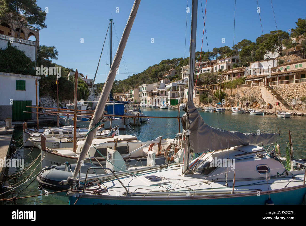 Boats moored in harbour, Cala Figuera, Majorca, Balearic Islands, Spain. Stock Photo