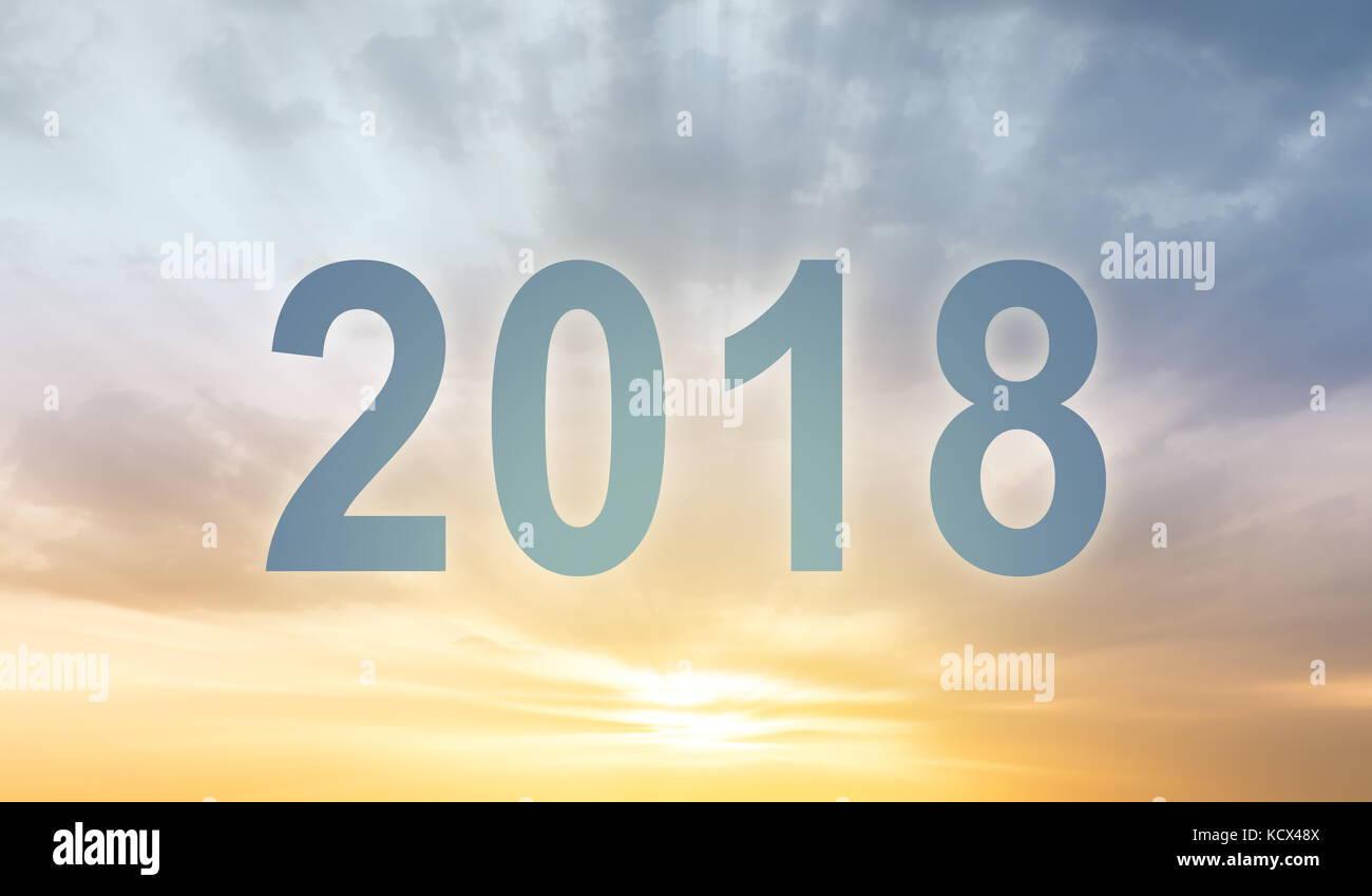 New year 2018 digits text sunset blur background Stock Photo