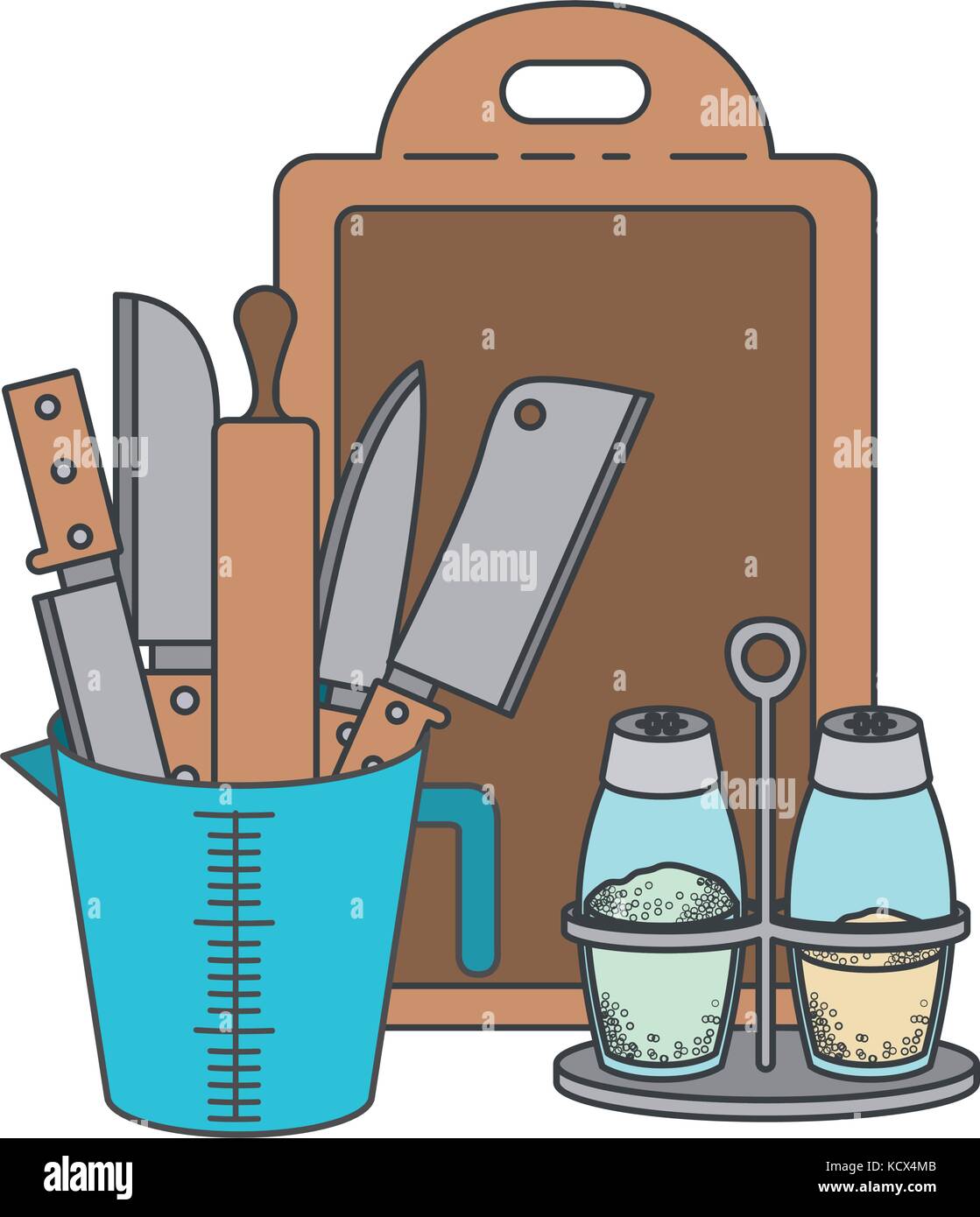 container with knives and rolling pin and salt and pepper containers ...