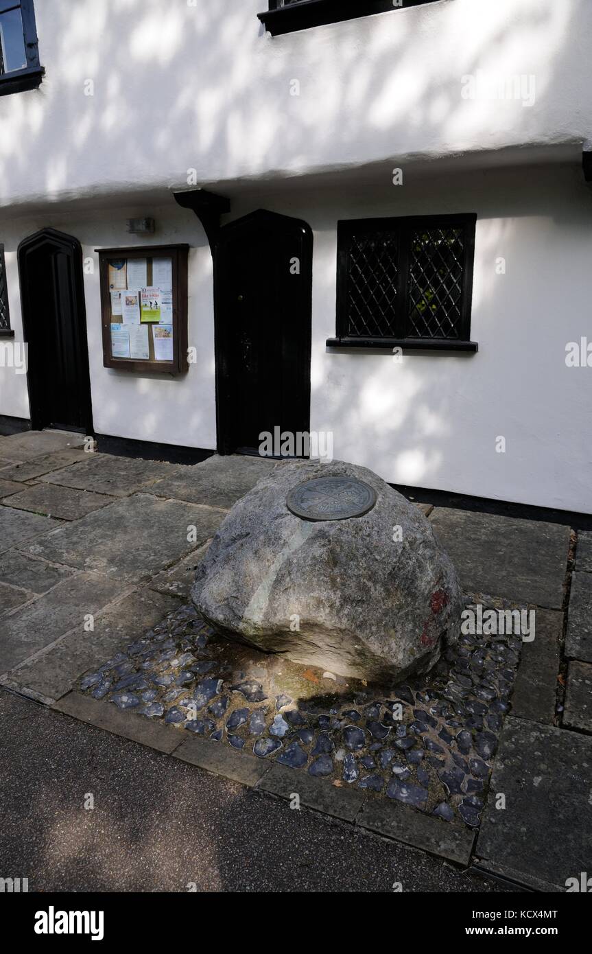Puddingstone, Barley, Hertfordshire, it is Large stone outside the Town House, Barley, Hertfordshire. Stock Photo