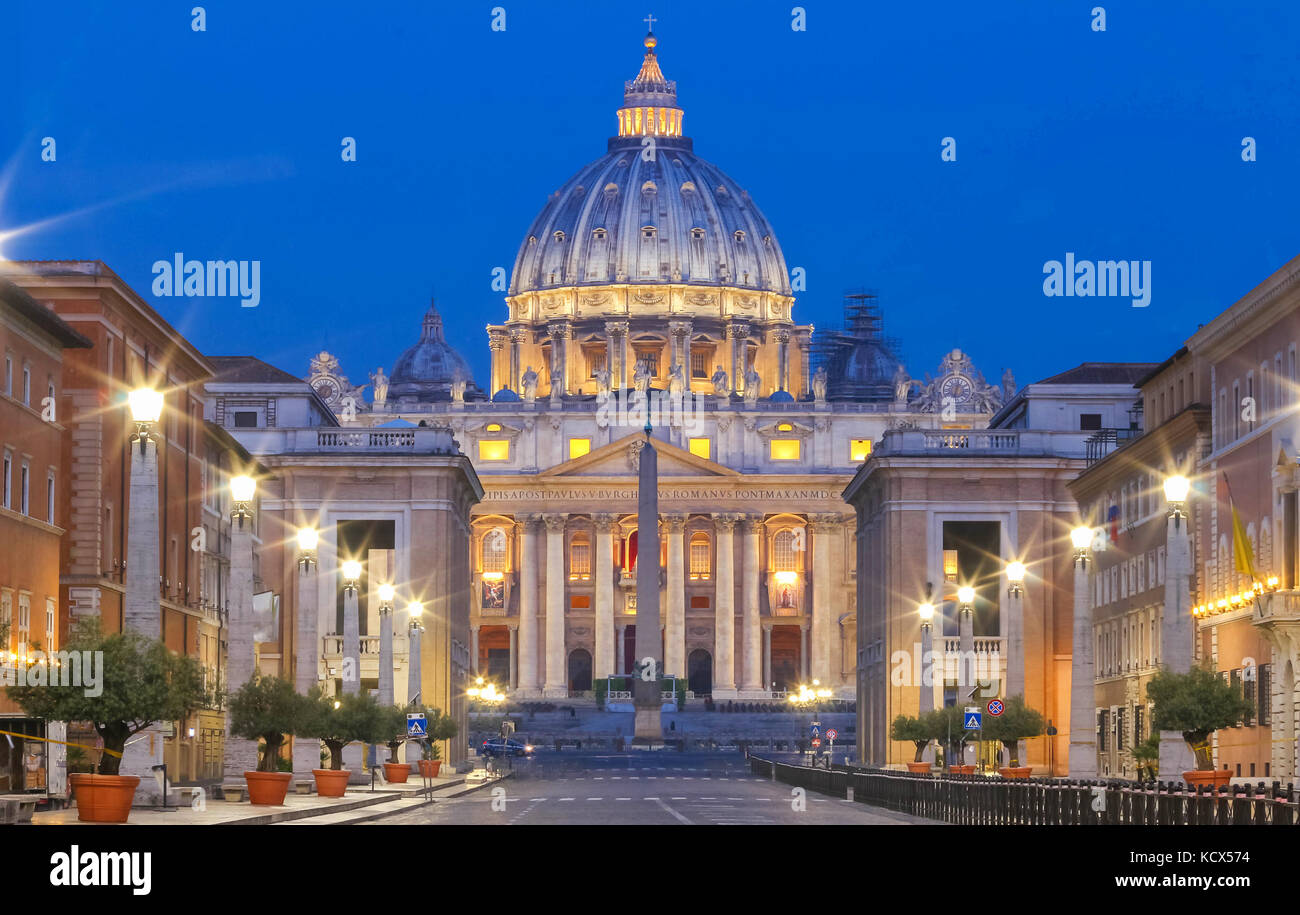 The Saint Peter's Basilica at night, Rome. Stock Photo