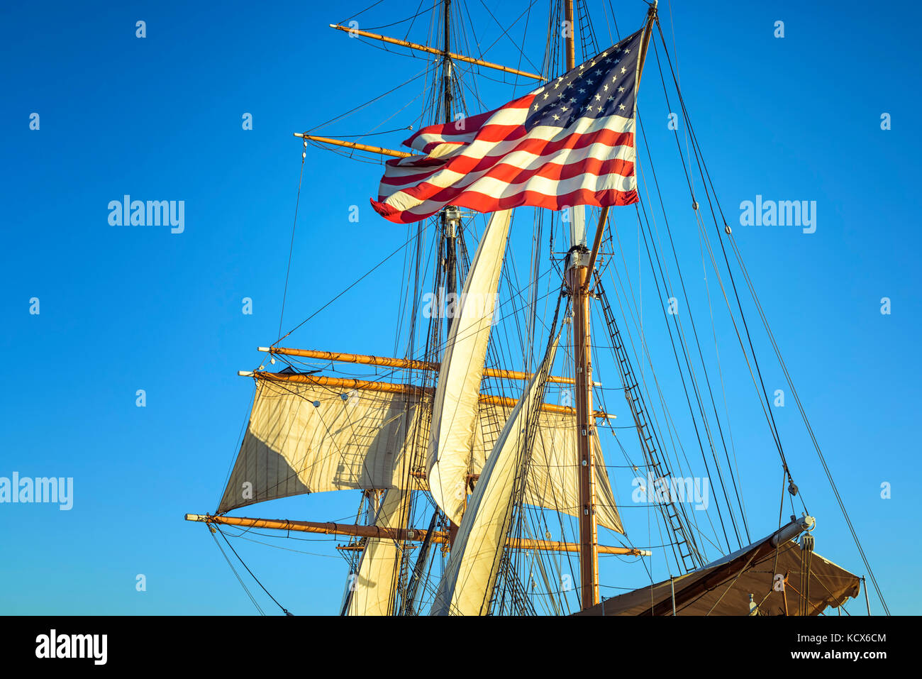 American Flag on part of the rigging of the Star of India ship. San Diego, California, USA. Stock Photo