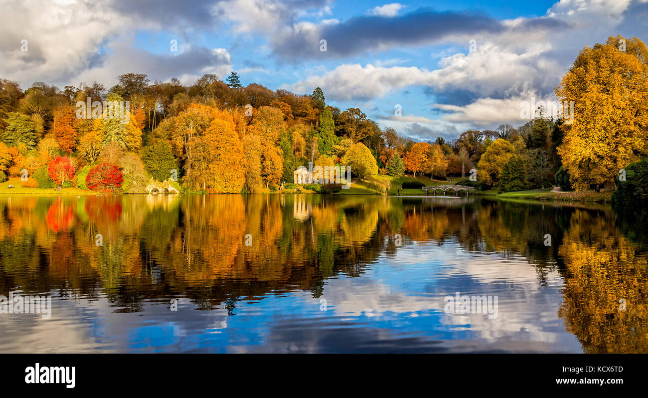 Autumn Stourhead lake scene photographed in October in Wiltshire, England Stock Photo