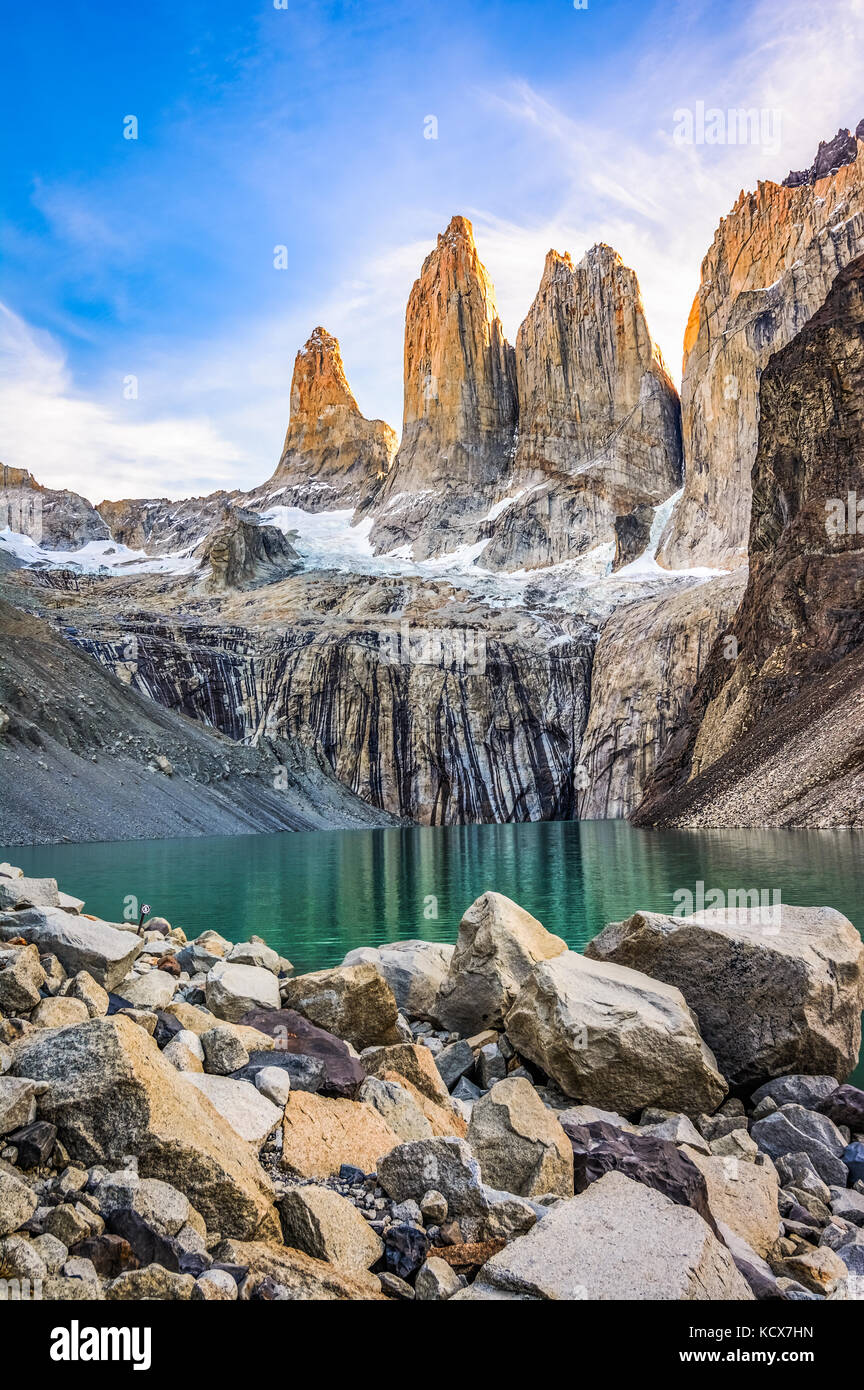 Laguna torres with the towers at sunrise, Torres del Paine National Park, Patagonia, Chile Stock Photo