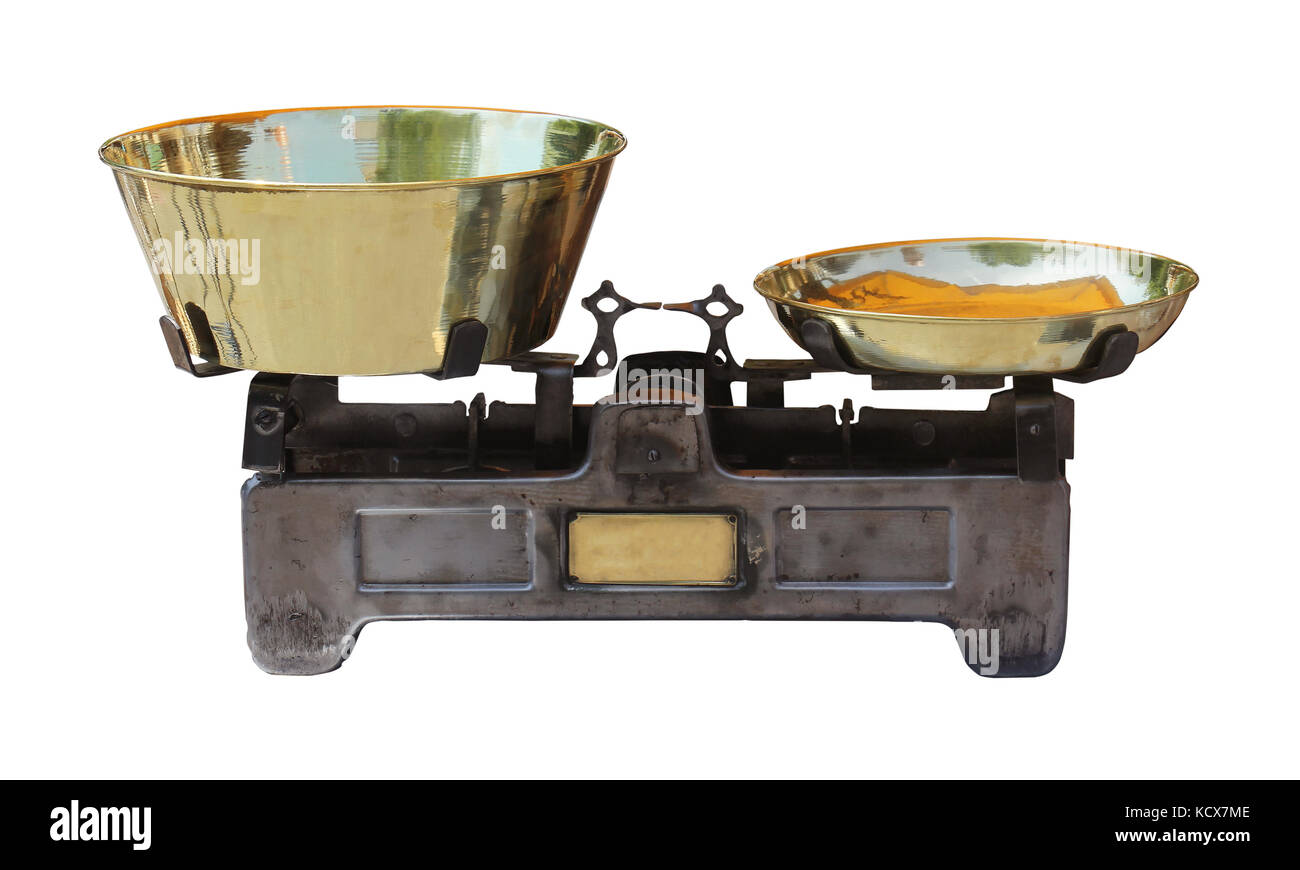 Old retro scale with golden trays isolated with clipping path included