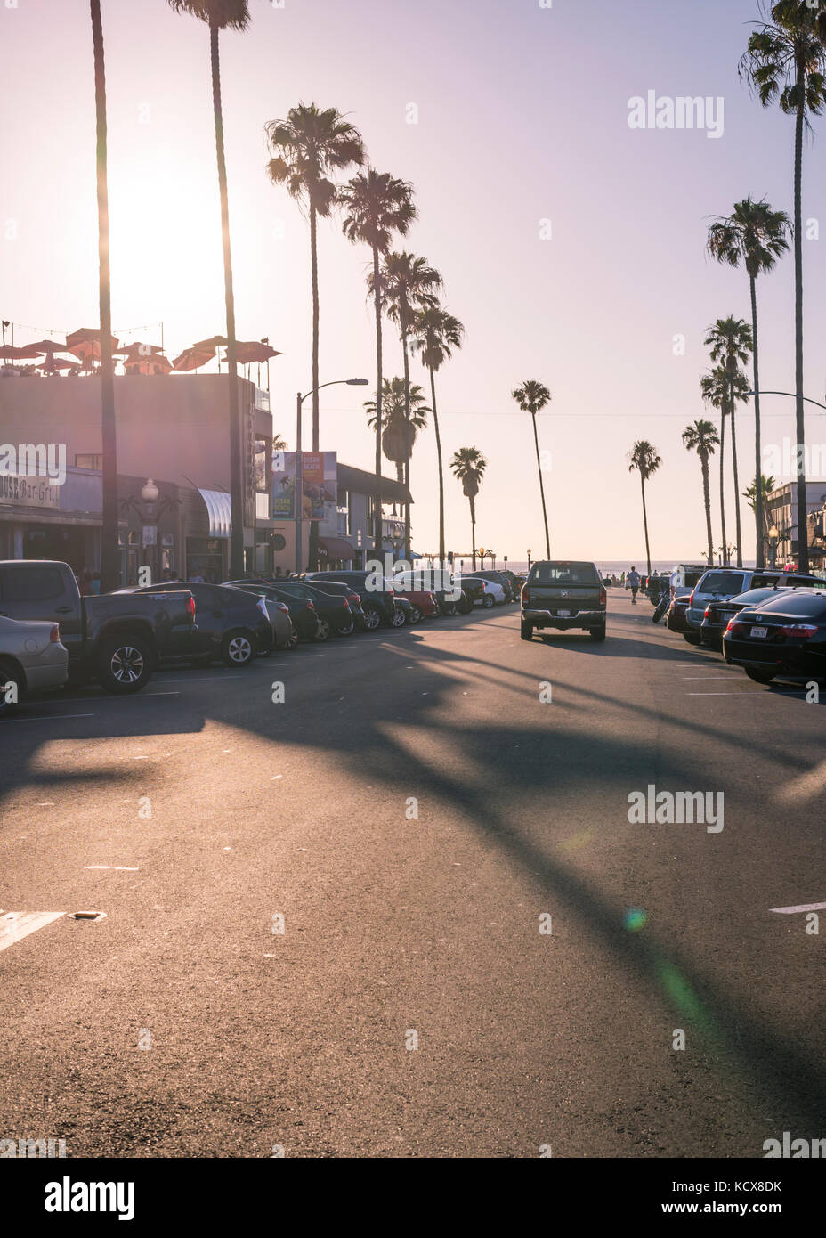 Looking down Newport Avenue in Ocean Beach on a summer evening. San Diego, California. Stock Photo