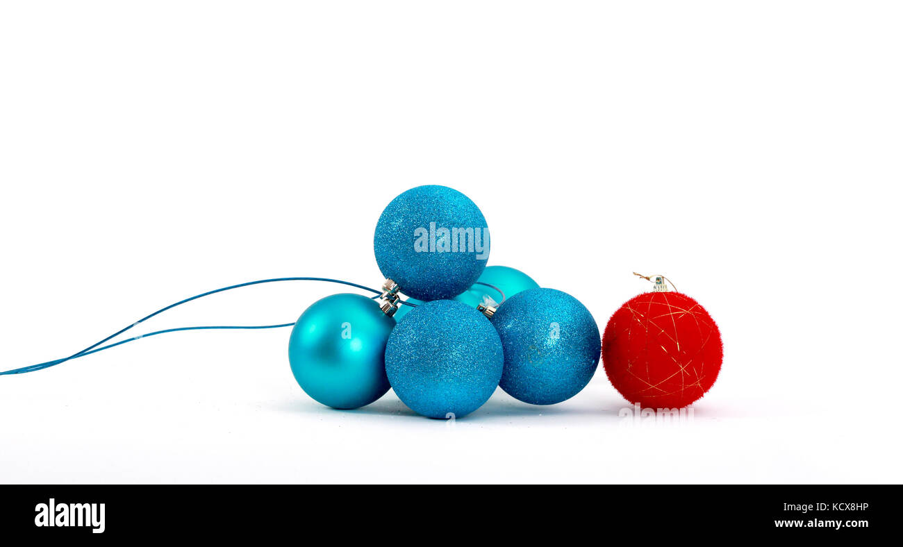picture of a Blue Christmas Balls and one red on white background Stock ...