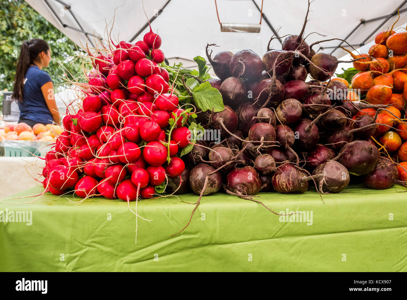 Root vegetables at Main Street Farmers Market, Vancouver, British Columbia, Canada. Stock Photo