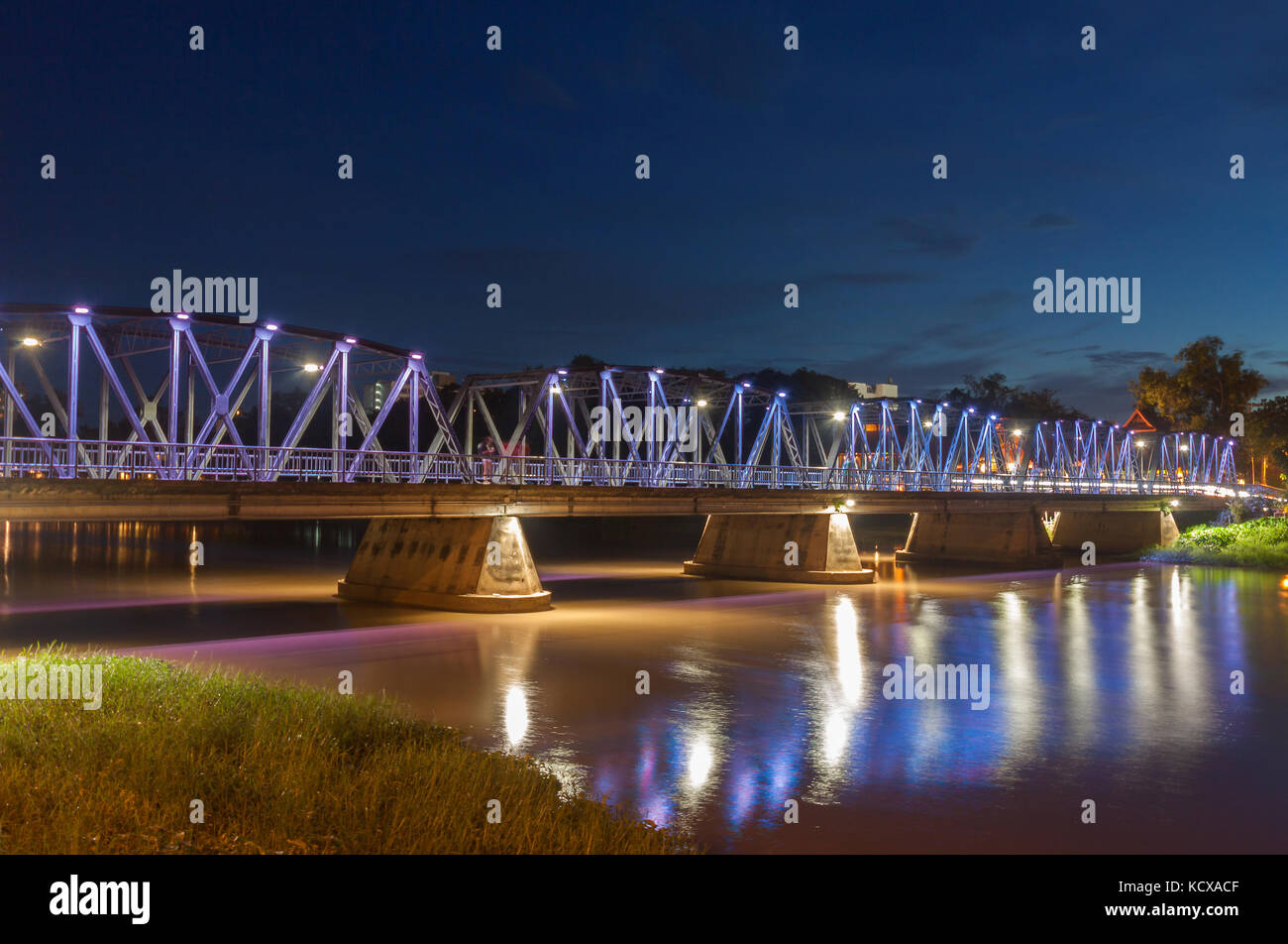 Iron bridge At Night Chiangmai, Thailand Stock Photo