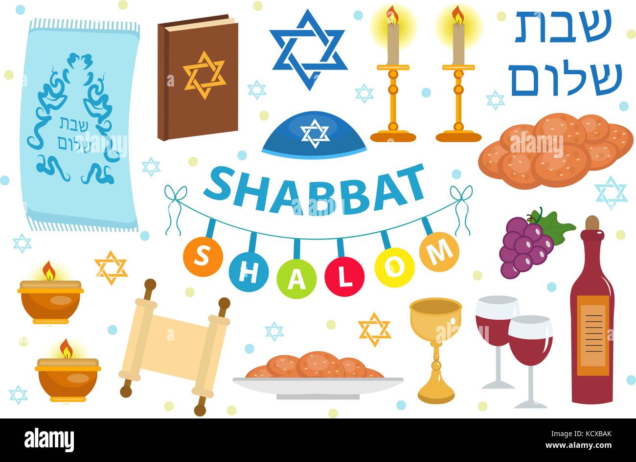 Shabbat Shalom icon set, flat, cartoon style. Collection of Jewish holidays symbol, design elements, Judaism concept. Isolated on white background. Vector illustration. Stock Vector