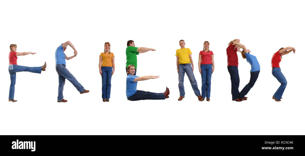 Group of young people wearing colorful t-shirts forming Friends word ...