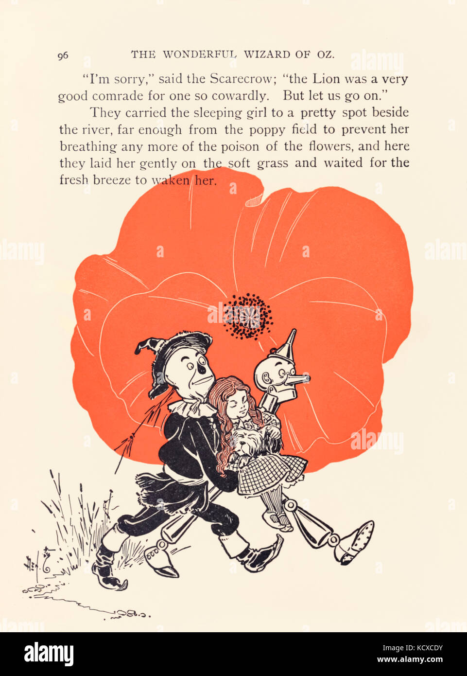 The Scarecrow and Tin Woodman rescue Dorothy from the deadly poppy field, from ‘The Wonderful Wizard of Oz’ by L. Frank Baum (1856-1919) with pictures by W. W. Denslow (1856-1915). See more information below. Stock Photo