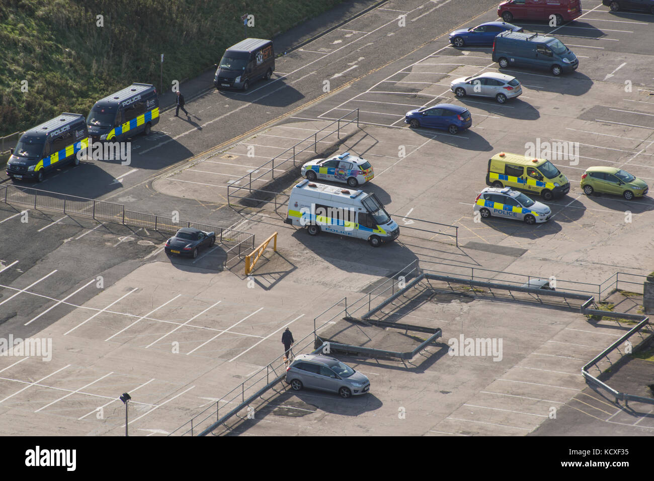 Blackpool police station carpark, Bonny street. Riot vans and panda cars. Stock Photo