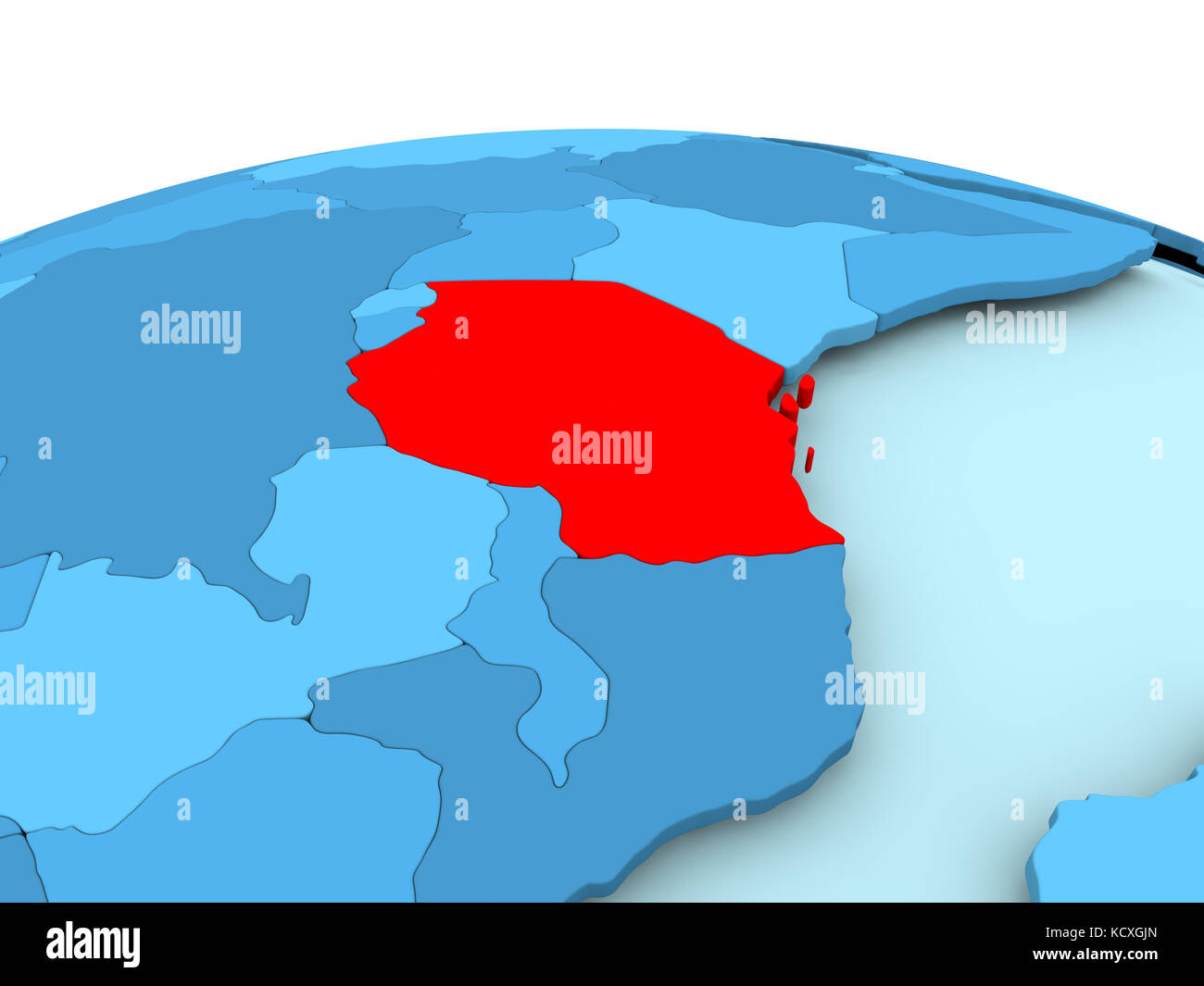 Map of Tanzania in red on blue political globe. 3D illustration Stock ...