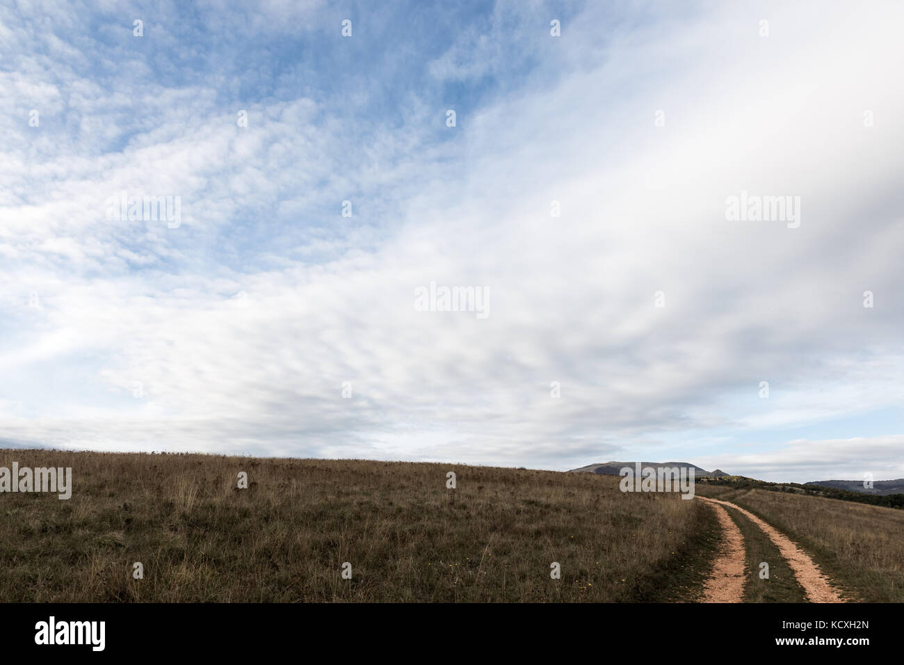 A small country road under big blue sky and white clouds Stock Photo