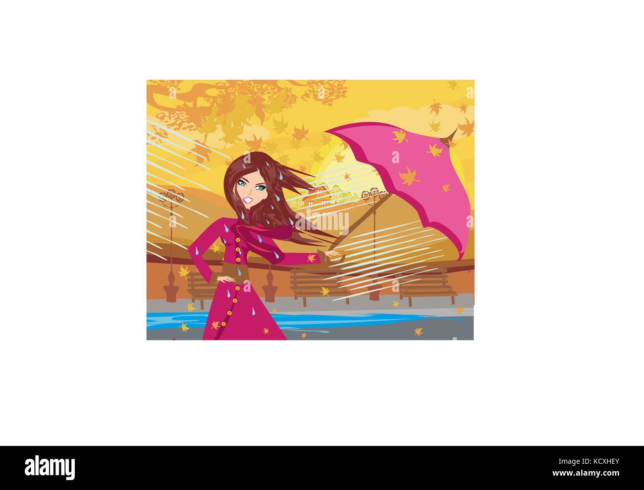 girl with umbrella on a rainy autumn day Stock Vector Image & Art - Alamy