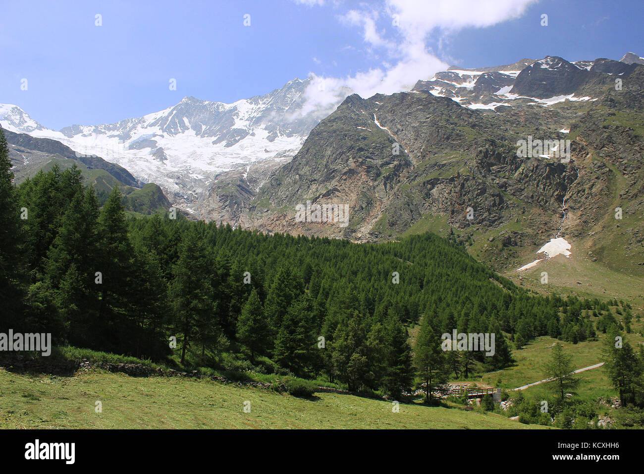 Dom and the surrounding mountains of Saas Fee and the Alpine meadows in Valais, Switzerland. Stock Photo