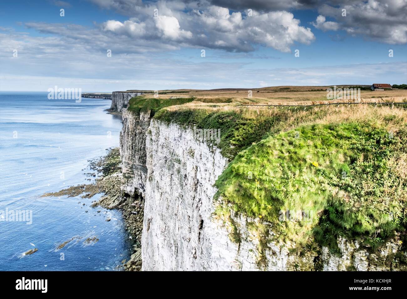 Flamborough Cliffs between Filey and Bridlington North Yorkshire. These chalk stone cliffs look stunning with the crystal clear waters lapping them. Stock Photo
