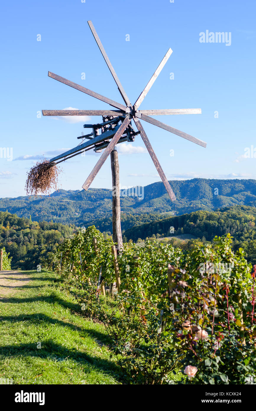 Klopotec, authentic traditional windmill in Slovenia found in vineyards to scare off birds, wine road and local attraction unique to Slovenia Stock Photo