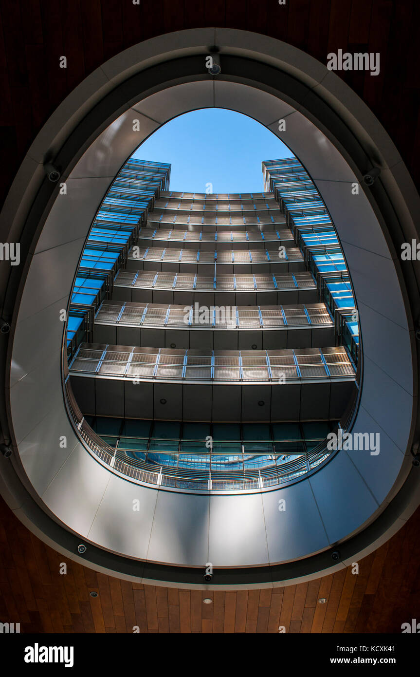 Milan: one of the buildings in Gae Aulenti Square, an elevated circular square designed by Cesar Pelli in the new Porta Nuova Garibaldi district Stock Photo