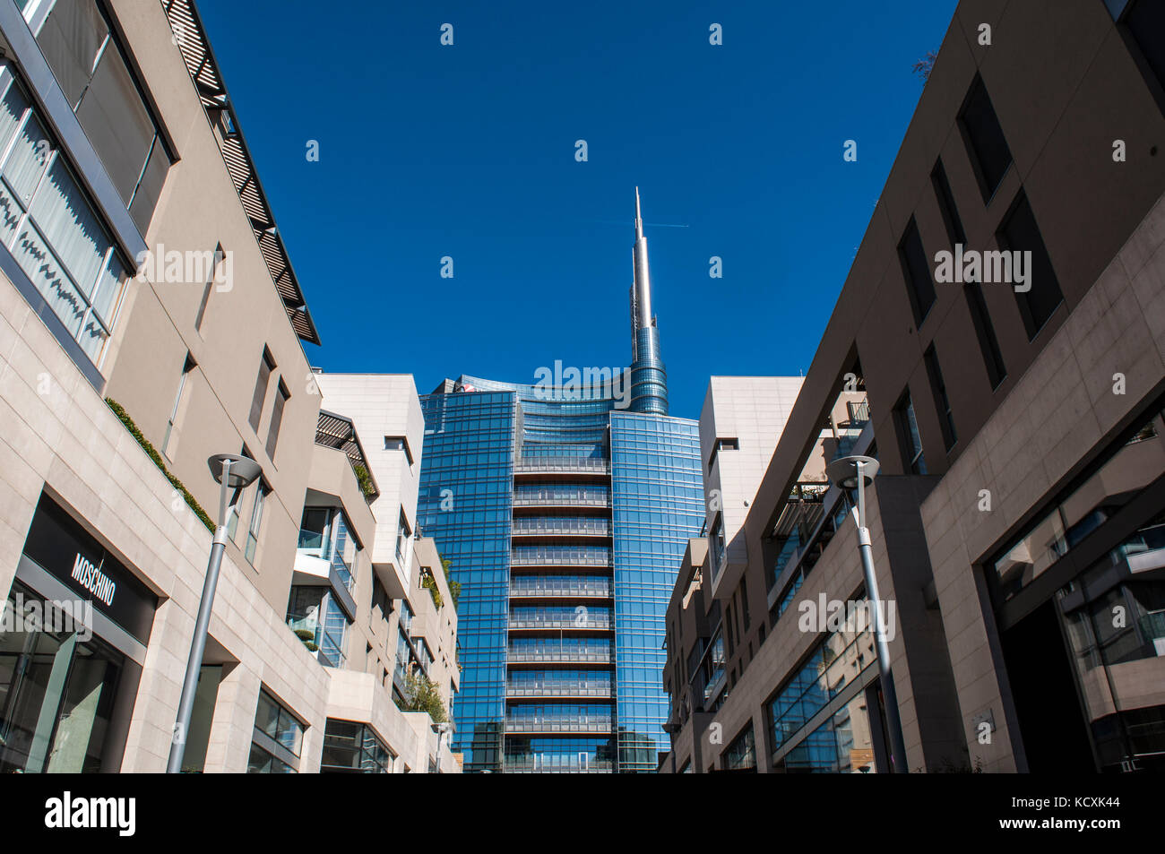 Italy: skyline of Milan in the Brera district with view of the spire of the Unicredit Tower, the tallest skyscraper in Italy designed by Cesar Pelli Stock Photo