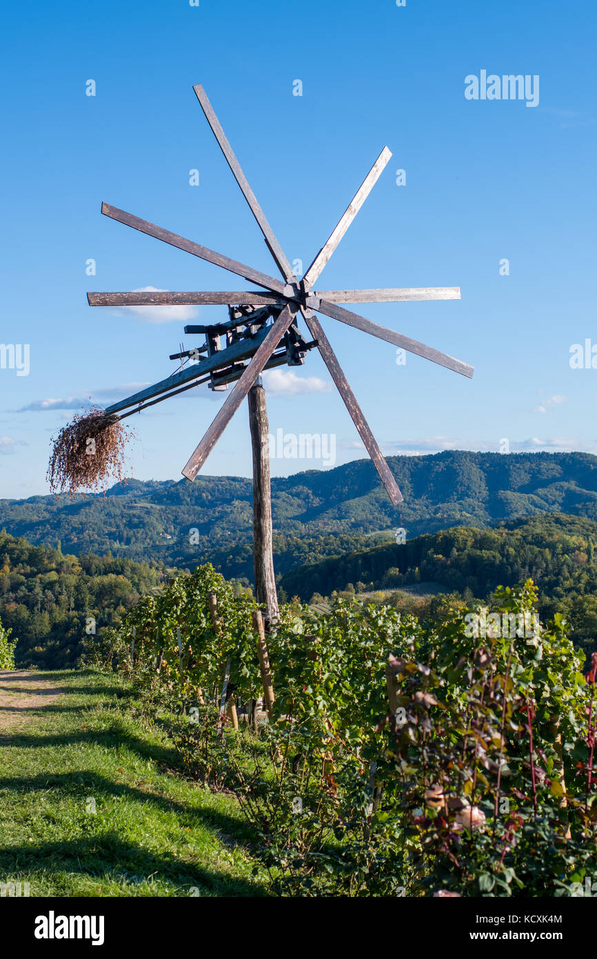 Klopotec, authentic traditional windmill in Slovenia found in vineyards to scare off birds, wine road and local attraction unique to Slovenia Stock Photo