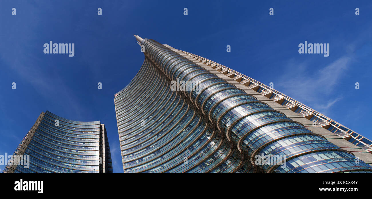 Milan: Unicredit Tower in Gae Aulenti Square, the tallest skyscraper in Italy designed by architect Cesar Pelli, headquarters of the UniCredit Bank Stock Photo