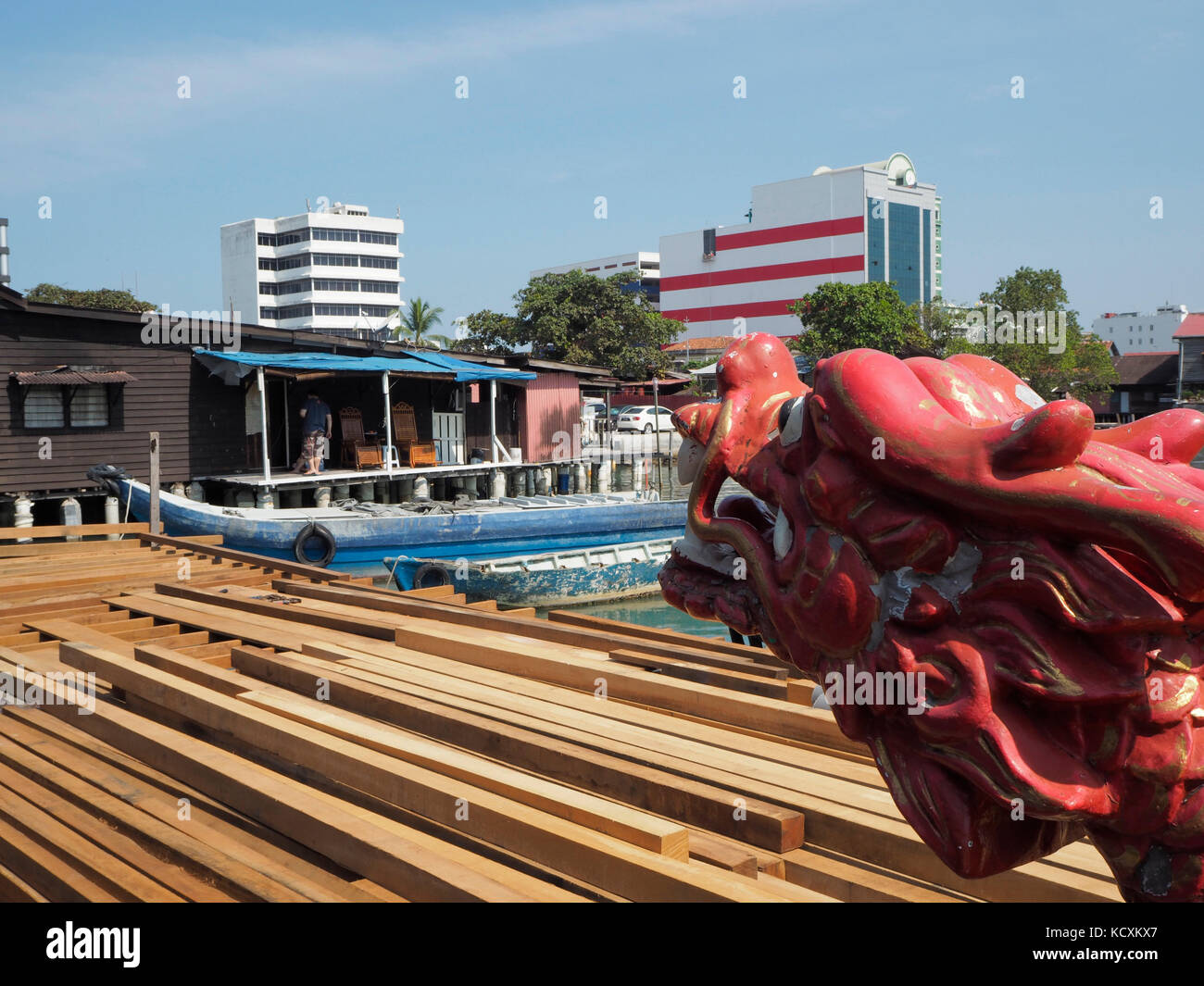 Head of a Dragon boat at Chew Jetty in Penang, Malaysia. Stock Photo