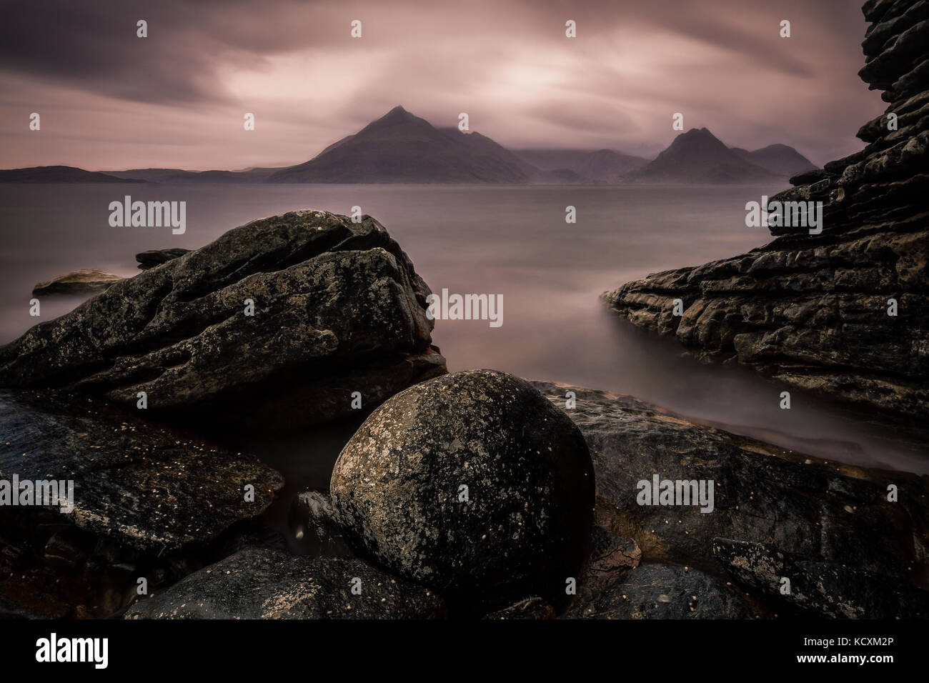Elgol Beach With The Cuillin Mountains in the distance. Isle Of Skye, Scotland, UK Stock Photo