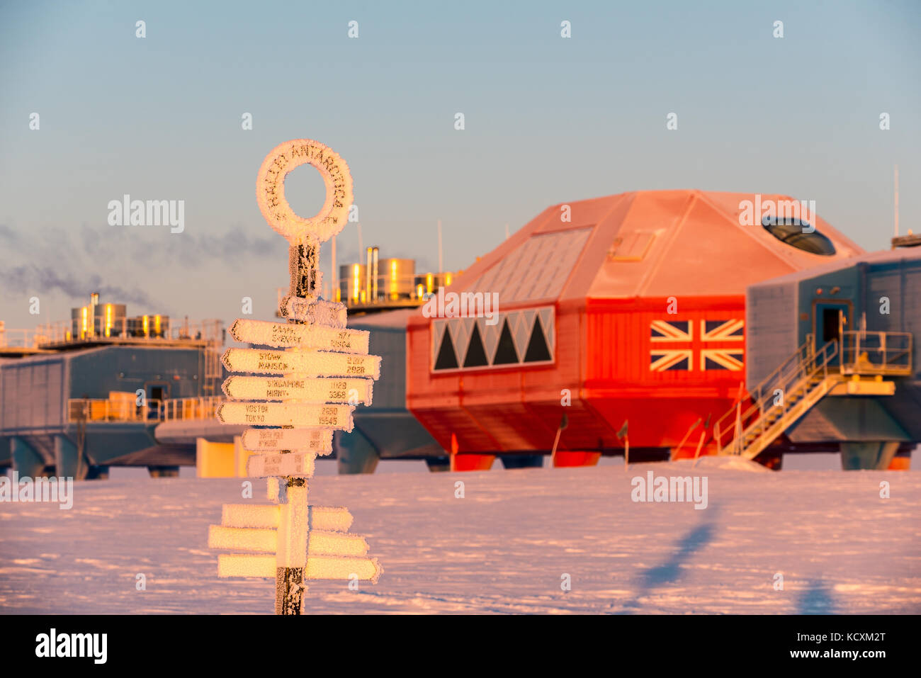 A frosty Halley Research Station in the morning sun. Stock Photo