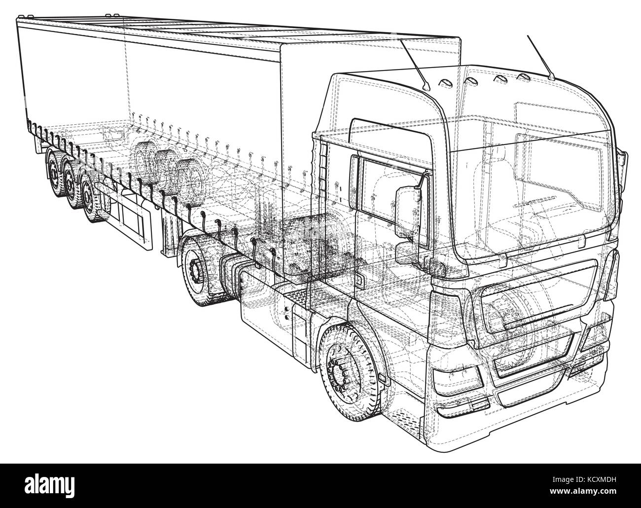 Trailer truck. Abstract drawing. Tracing illustration of 3d. Stock Vector