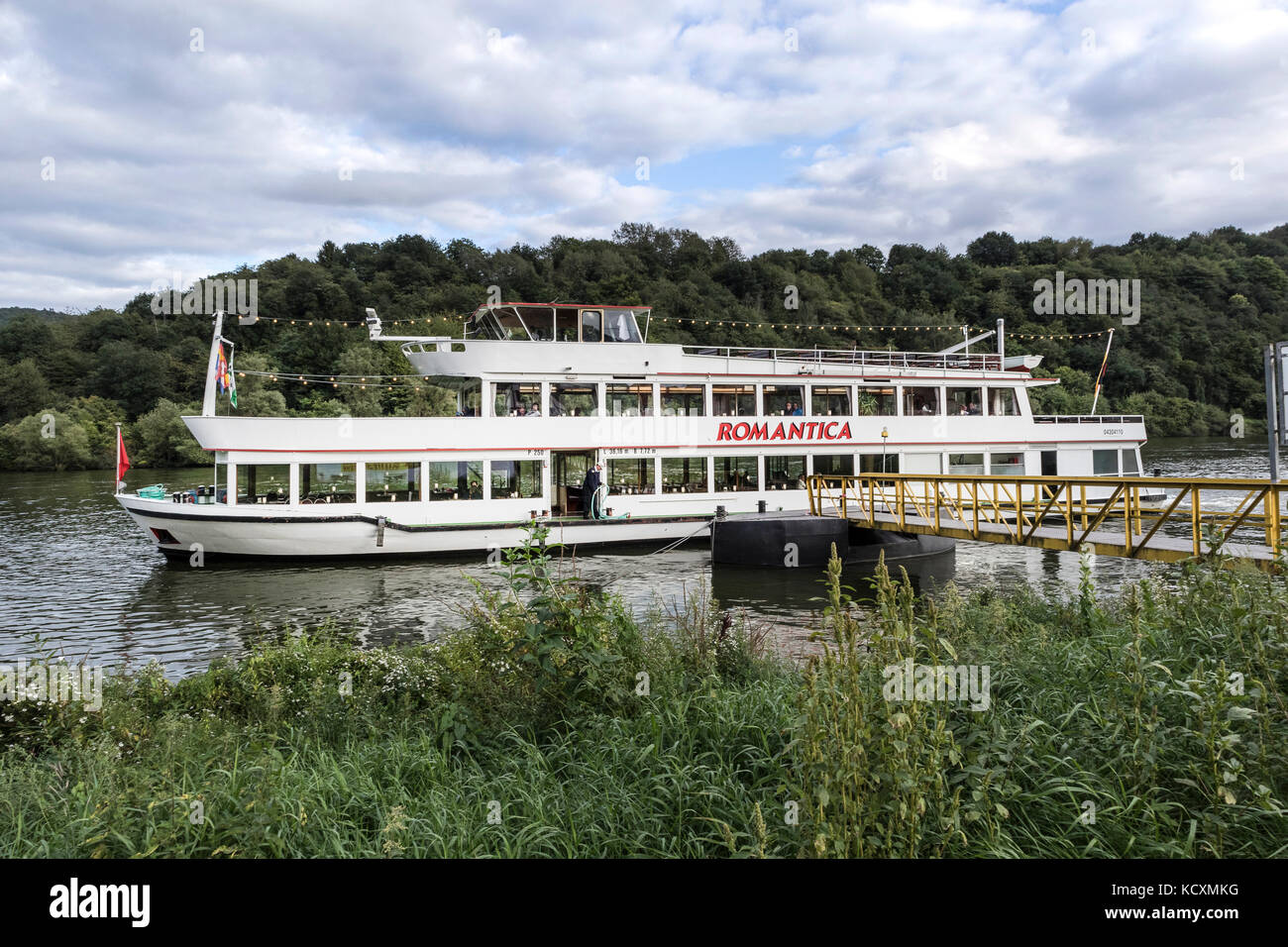 Pleasure Boat, Romantica on the Mosel River, Germany, moored at Krov. Stock Photo