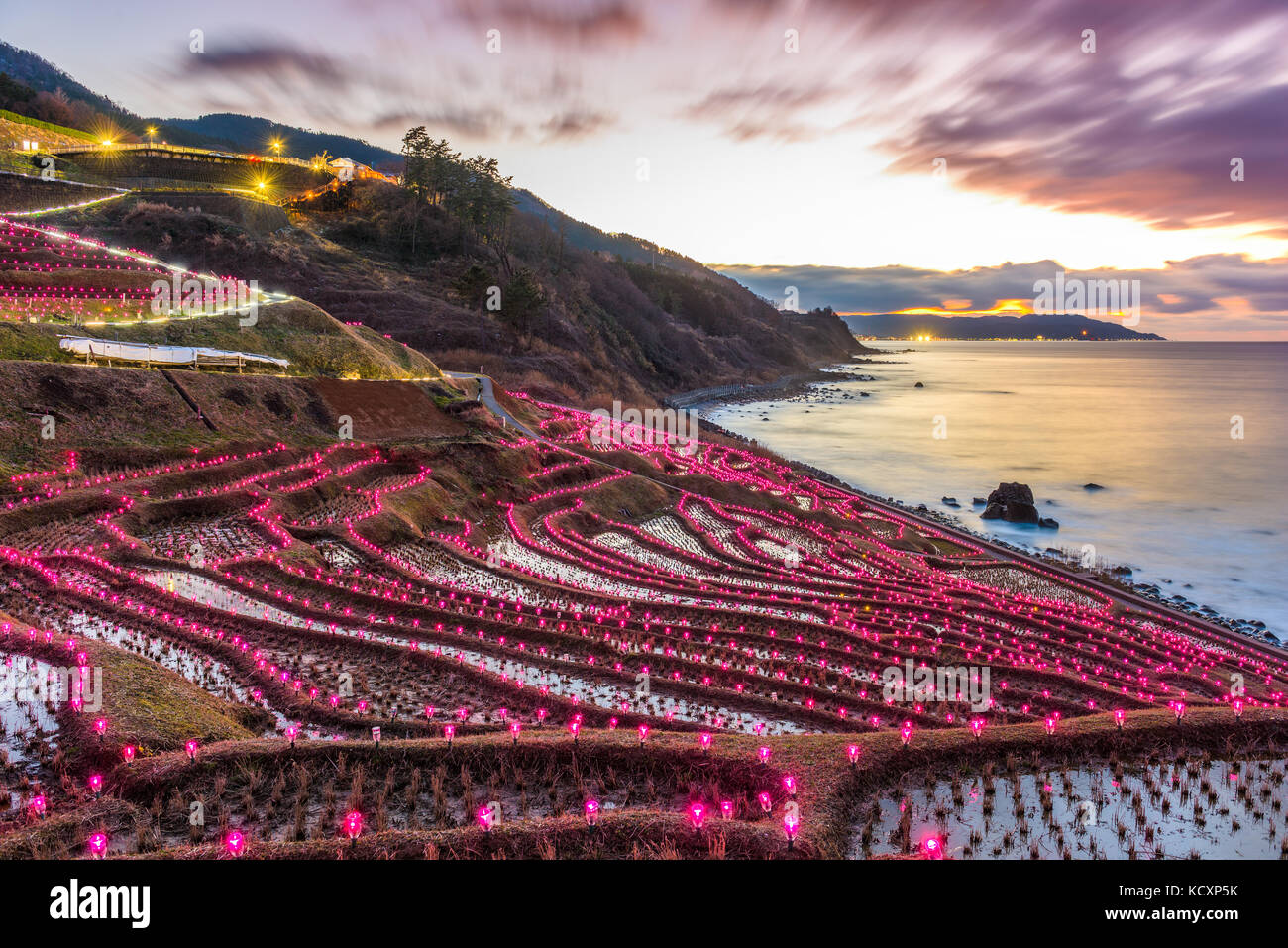 Wajima, Japan at Shiroyone Senmaida rice terraces night light up. Stock Photo