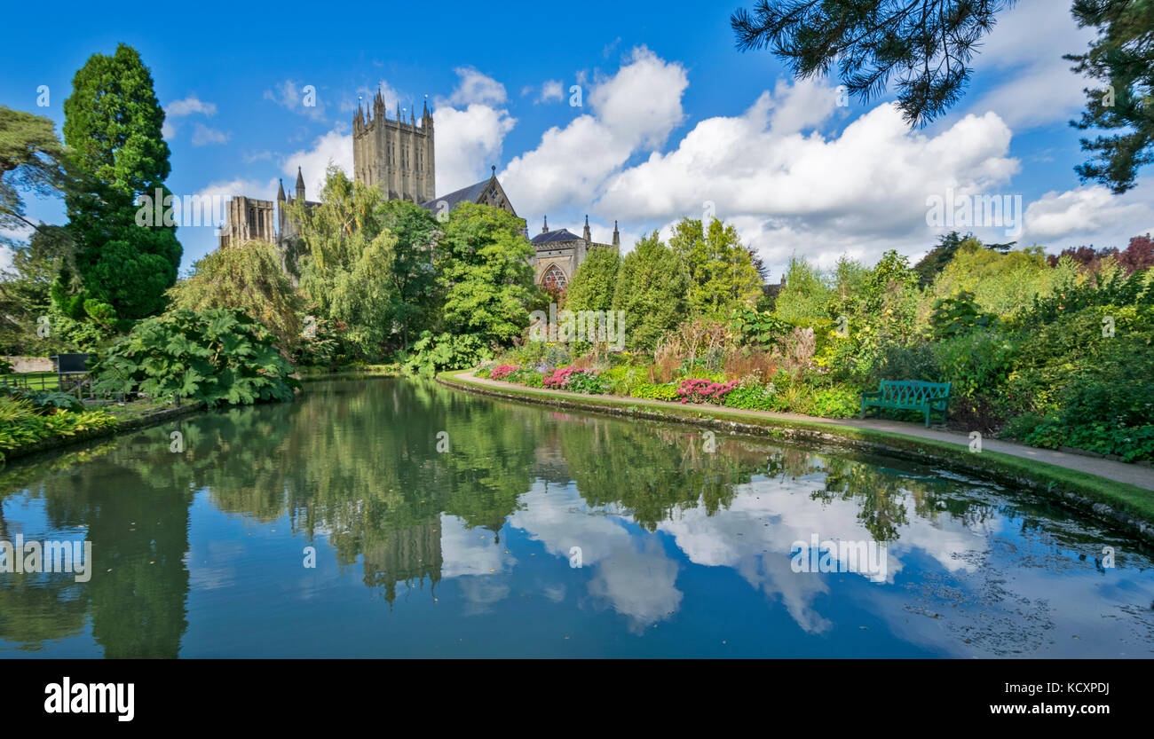 WELLS SOMERSET ENGLAND THE CATHEDRAL FROM THE BISHOPS PALACE GARDENS REFLECTED IN THE WATERS OF THE MOAT OR WELLS Stock Photo