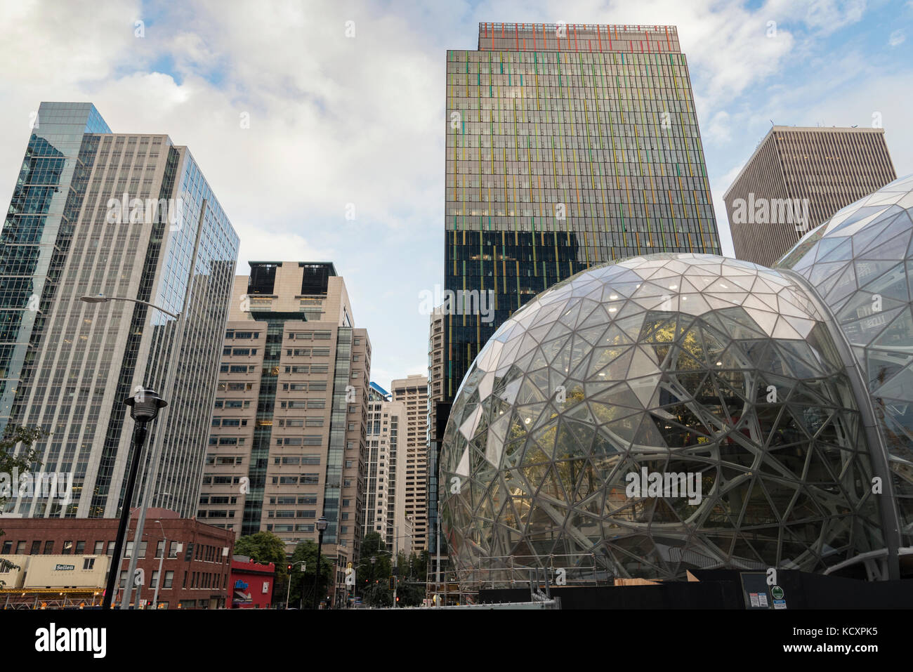 Looking up at the Amazon companies new world headquarters spheres and