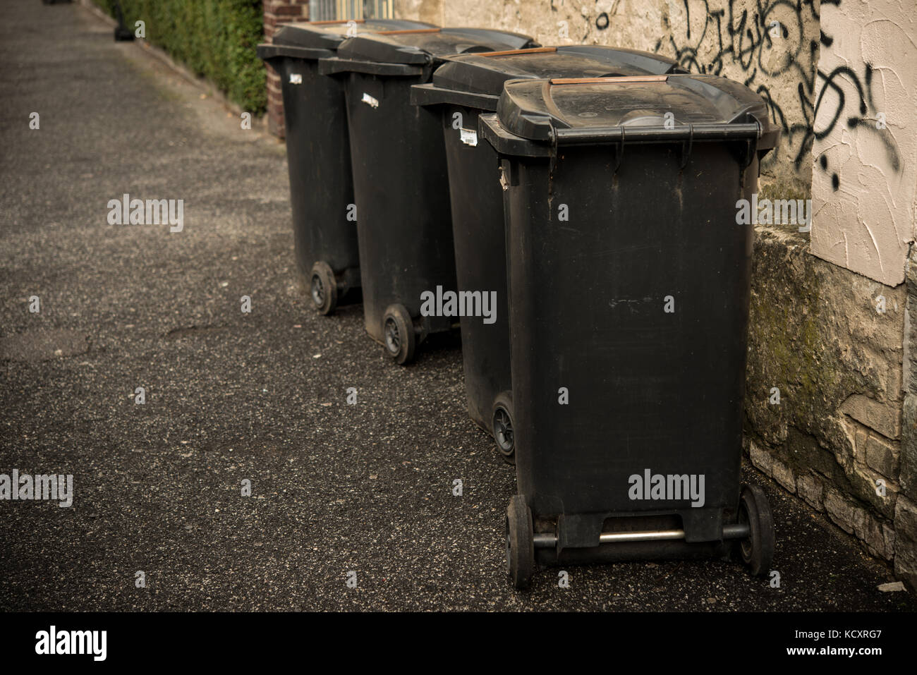 https://c8.alamy.com/comp/KCXRG7/four-black-trash-cans-dust-bins-on-the-pavement-KCXRG7.jpg