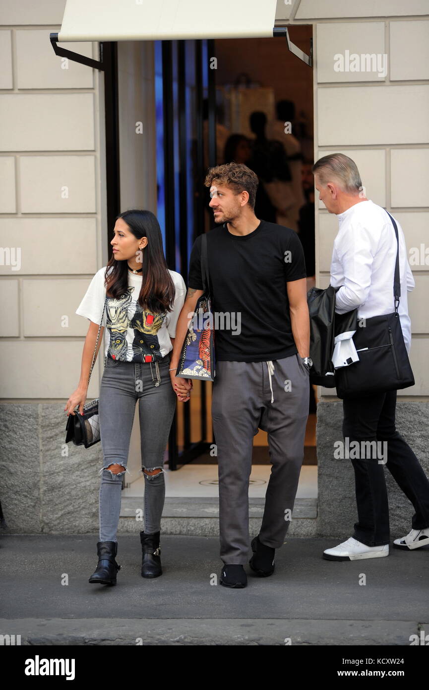 Milan, Alessio Cerci and wife Federica shopping in the center Alessio  Cerci, VERONA striker, comes to the center with his wife FEDERICA RICCARDI  for shopping. They are going to the CHANEL boutique