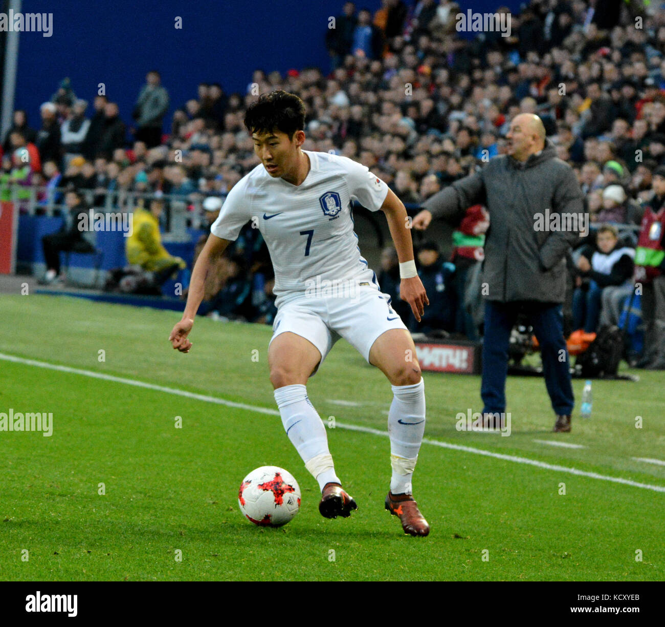 Moscow, Russia - October 7, 2017. South Korean winger Heung-Min Son during international friendly match Russia vs South Korea at VEB Arena stadium in Moscow. Credit: Alizada Studios/Alamy Live News Stock Photo