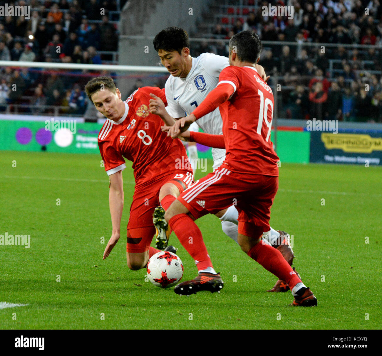 Moscow, Russia - October 7, 2017. Russian midfielders Aleksandr Samedov, Daler Kuzyayev and South Korean defender Hyun-Soo Jang during international friendly match Russia vs South Korea at VEB Arena stadium in Moscow. Credit: Alizada Studios/Alamy Live News Stock Photo