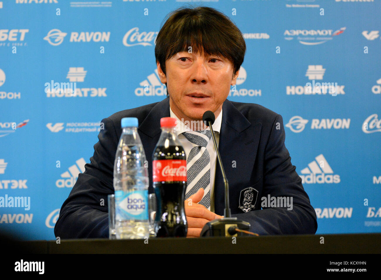 Moscow, Russia. 7th October, 2017. South Korean national football team coach Shin Tae-yong at a press conference following international test match against Russia vs South Korea at VEB Arena stadium in Moscow. Credit: Alizada Studios/Alamy Live News Stock Photo