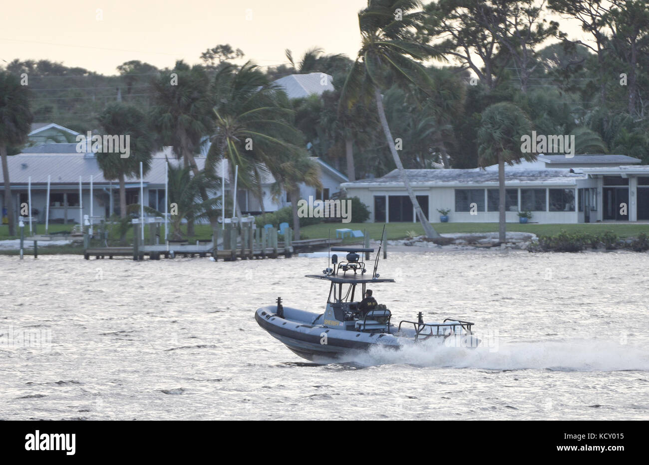 West Palm Beach, Florida, USA. 7th Oct, 2017. An inflatable Martin County Sheriff's Office watercraft is seen on the St. Lucie River in Stuart, Fla., on Saturday, October 7, 2017. Several agencies responded to a several-hundred-gallon fuel spill in the St. Lucie River near the Roosevelt Bridge, according to the Martin County Sheriff's Office Twitter account. Credit: Andres Leiva/The Palm Beach Post/ZUMA Wire/Alamy Live News Stock Photo