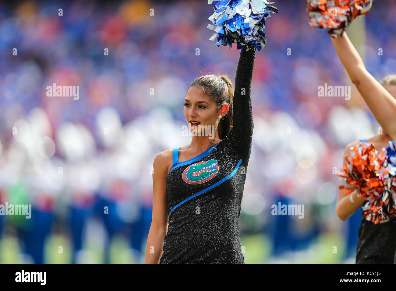 Florida, USA. 7th Oct, 2017. Florida's cheer squad prior to an NCAA football game against the