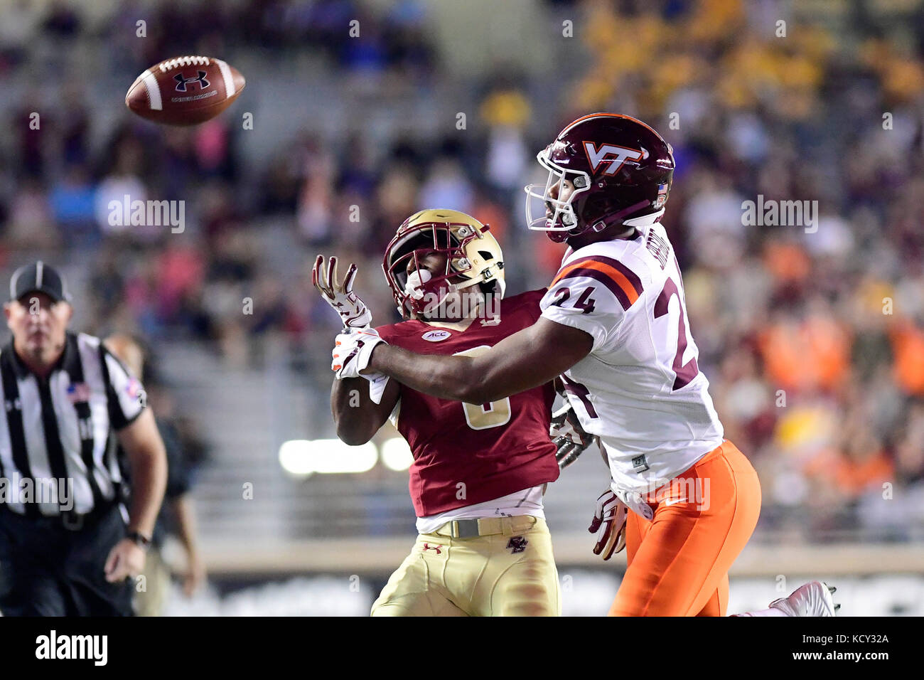 Chestnut Hill, Mass. 7th Oct, 2017. Virginia Tech Hokies linebacker Anthony Shegog (24) defends against Boston College Eagles wide receiver Jeff Smith (6) during the NCAA division 1 football game between the Virginia Tech Hokies and the Boston College Eagles, held at Alumni Stadium, in Chestnut Hill, Mass. Eric Canha/CSM/Alamy Live News Stock Photo