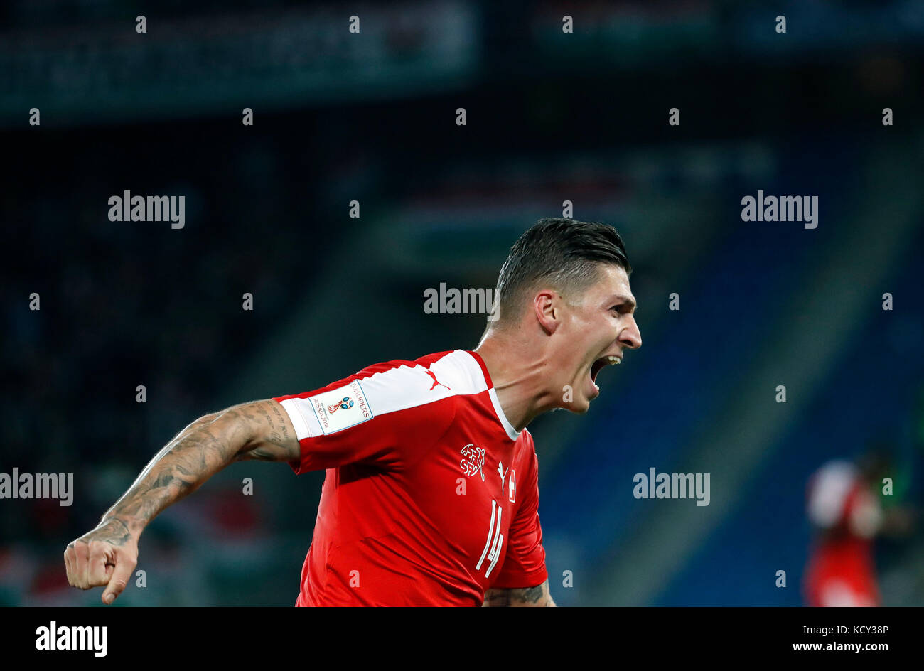 Basel, Switzerland. 7th Oct, 2017. Switzerland's Steven Zuber reacts after scoring during the FIFA World Cup 2018 Qualifiers Group B match between Switzerland and Hungary in Basel, Switzerland, Oct. 7, 2017. Switzerland won 5-2. Credit: Ruben Sprich/Xinhua/Alamy Live News Stock Photo