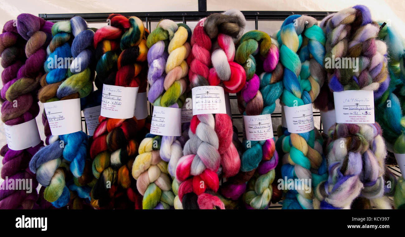 Hailey, Idaho, USA. 07th Oct, 2017. Dyed wool is offered for sale during the 21st Annual Trailing of the Sheep Festival. Celebrating the culture, heritage and history of sheep ranching and sheep herding in Idaho and the West, the five-day festival features workshops, cuisine, a folklife fair, sheepdog trials, a wool fest and the climactic sheep parade through downtown Ketchum. Credit: Brian Cahn/ZUMA Wire/Alamy Live News Stock Photo