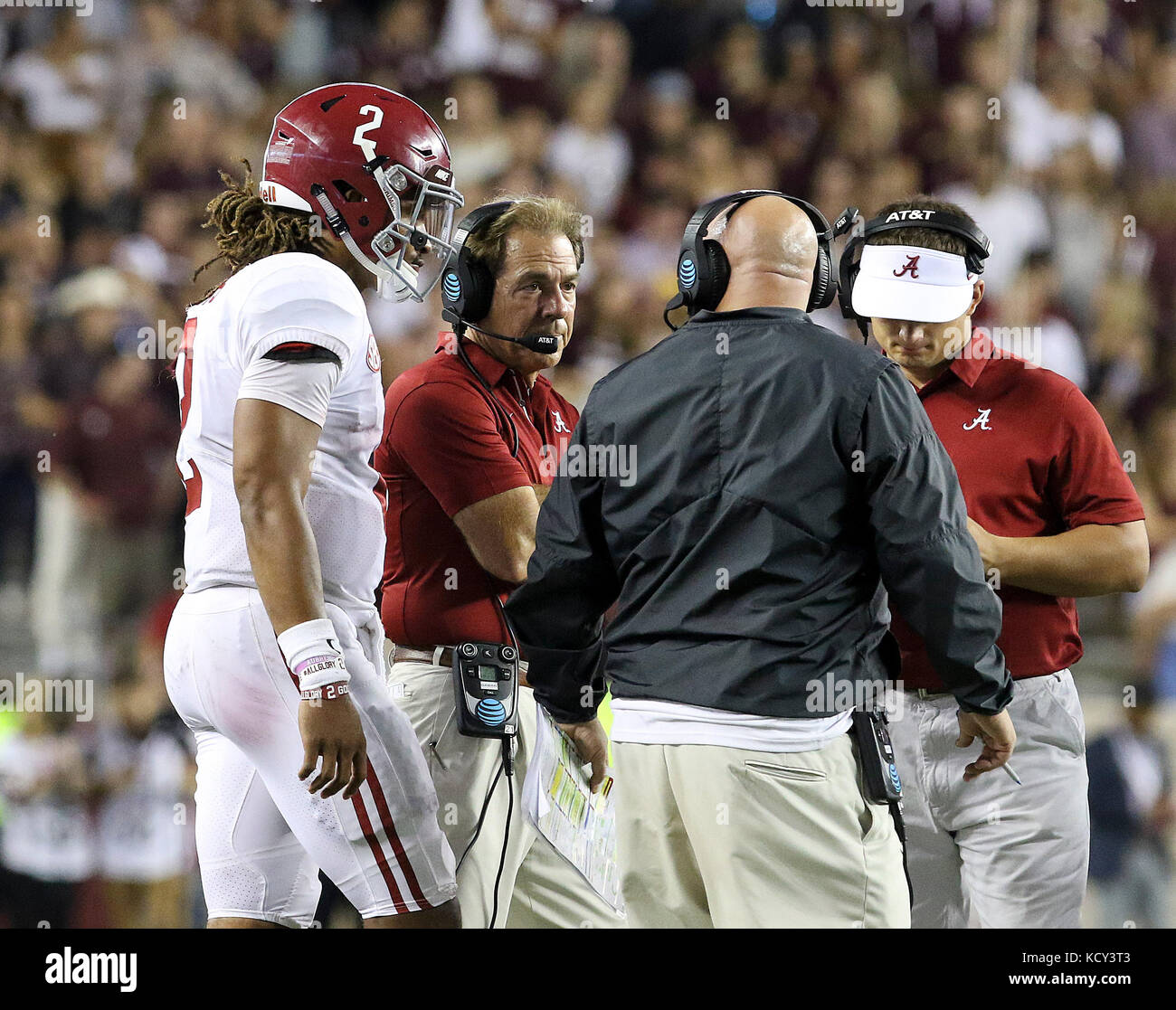 October 6, 2017: Alabama Crimson Tide head coach Nick Saban talks to quarterback Jalen Hurts (2) during a timeout in the fourth quarter during the NCAA football game between the Alabama Crimson Tide and the Texas A&M Aggies at Kyle Field in College Station, TX; John Glaser/CSM. Stock Photo