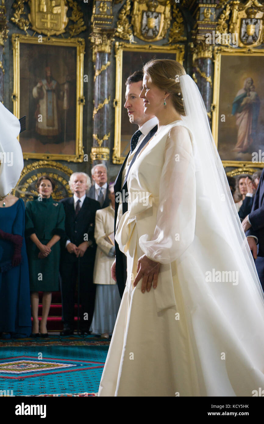 Belgrade, Serbia. 7th October, 2017. His Royal Highness Prince Philip and Miss Danica Marinkovic wedding was take place in the Cathedral of St. Michael the Archangel (“Saborna crkva”) in Belgrade, Serbia, on Saturday, 7 October 2017. His Royal Highness Prince Philip is second in the line to the Throne after Hereditary Prince Peter. He is the son of HRH Crown Prince Alexander and HRH Princess Maria da Gloria of Orleans Bragança. Miss Danica Marinkovic is daughter of famous Serbian painter Milan Marinković. Credit: Zoran Boldorac/Alamy Live News Stock Photo